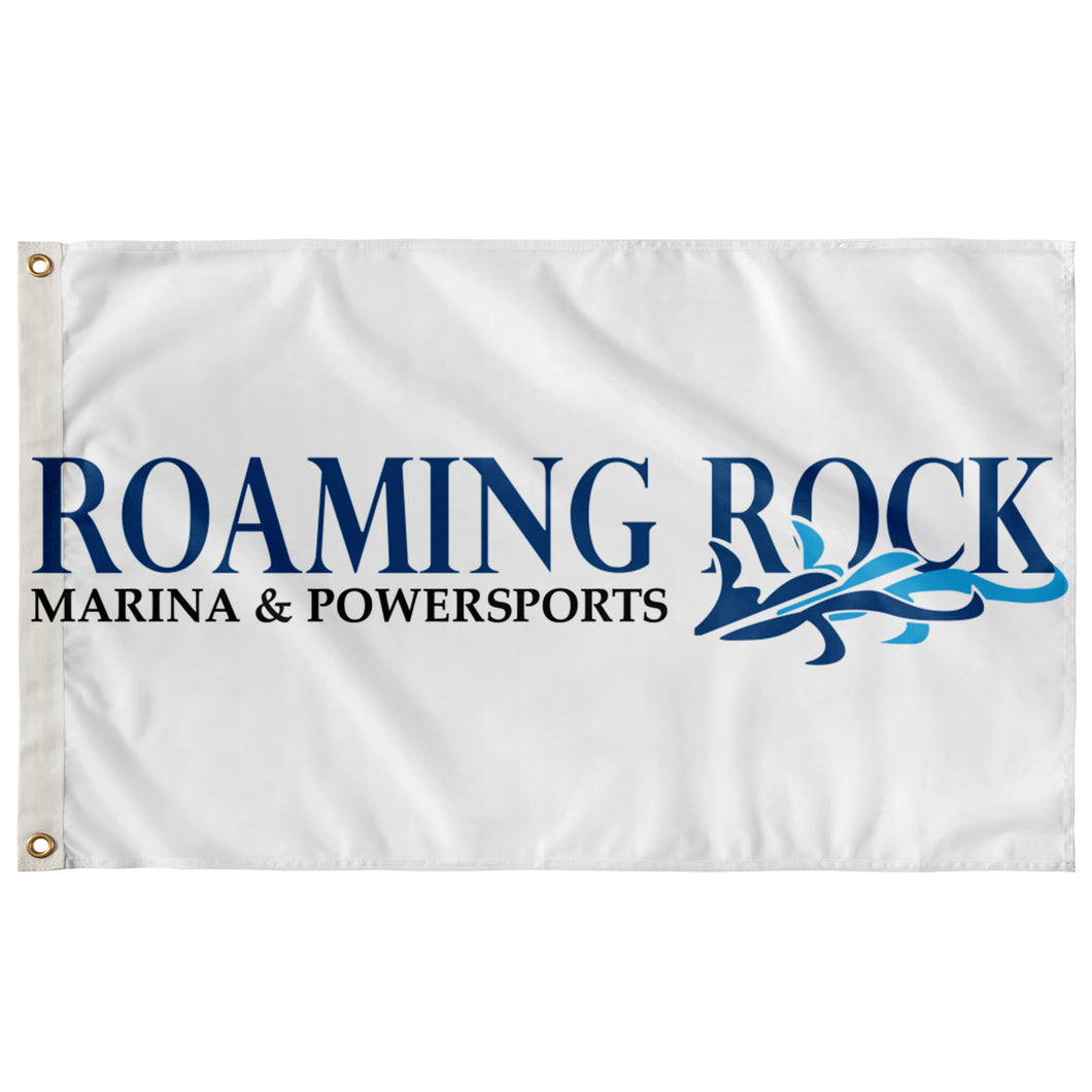 Custom Flag 12”x18” double sided flag with Roaming Rock logo is equipped with grommets.